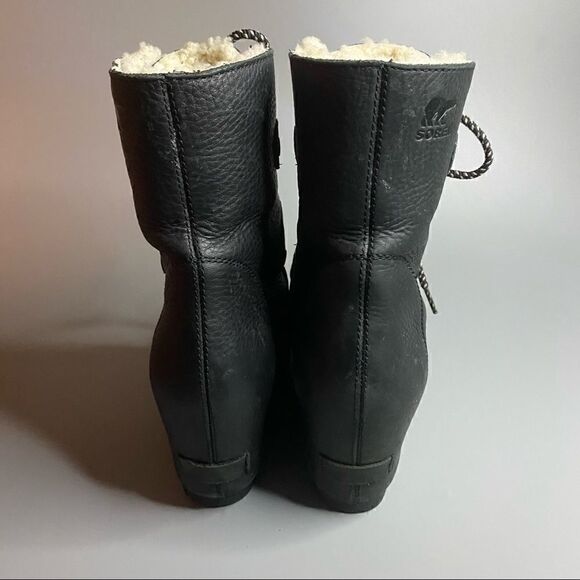 Sorel Joan of Arctic Mid Lace Up Wedge Black Leather Shearling Lux 9 - Picture 4 of 6